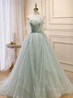 A-Line Off Shoulder Tulle Green Long Formal Prom Dress, Green Formal Dress with Beading