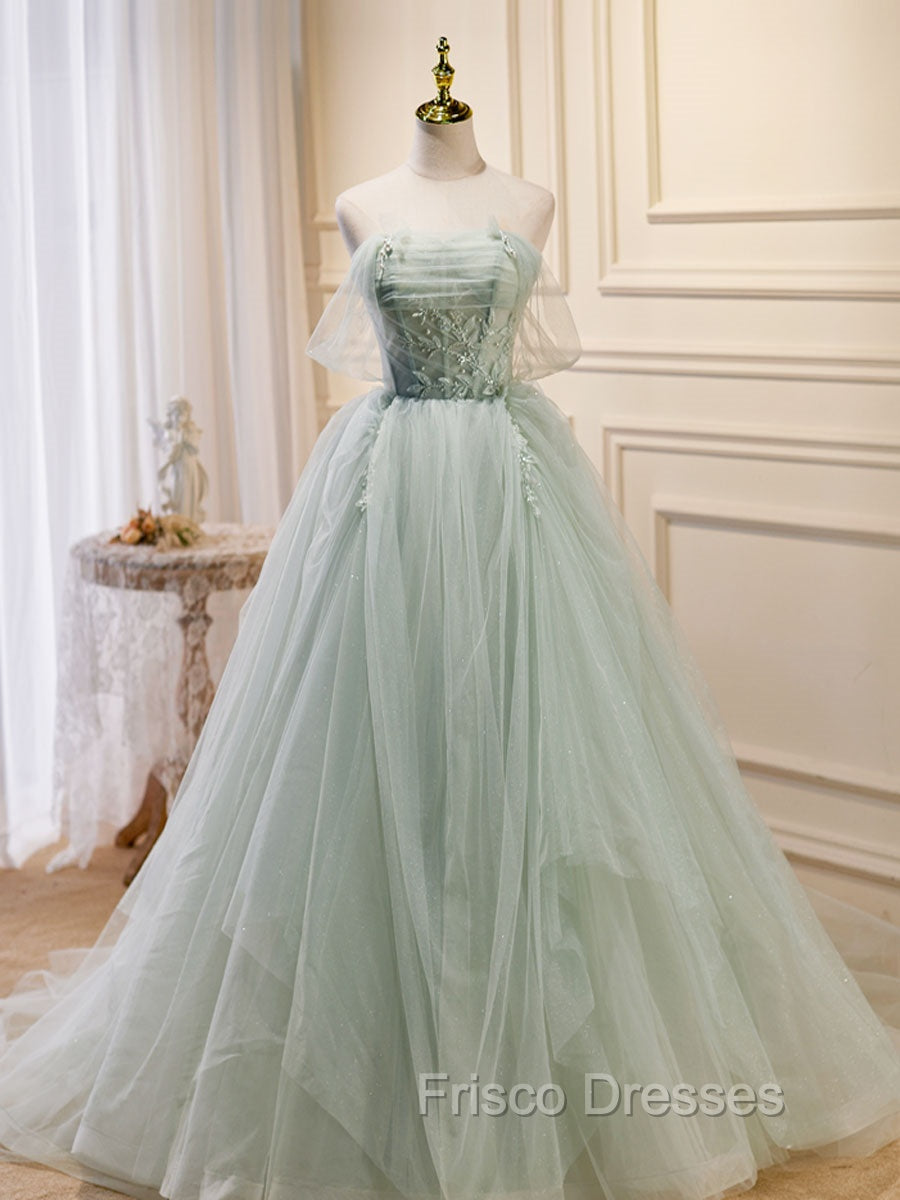 A-Line Off Shoulder Tulle Green Long Formal Prom Dress, Green Formal Dress with Beading