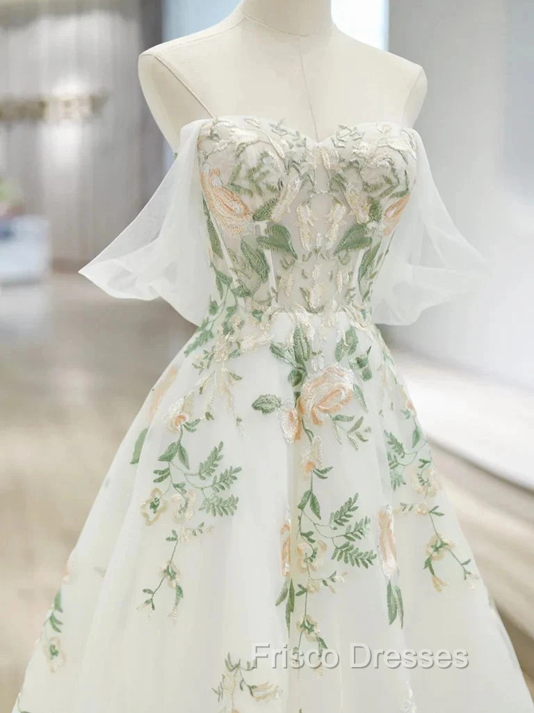 A-Line Off Shoulder Tulle Lace Applique White Long Formal Prom Dress, White Long Formal Dress Secondary image