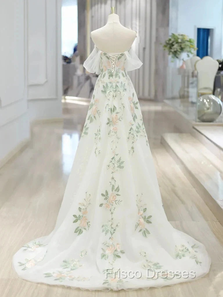A-Line Off Shoulder Tulle Lace Applique White Long Formal Prom Dress, White Long Formal Dress