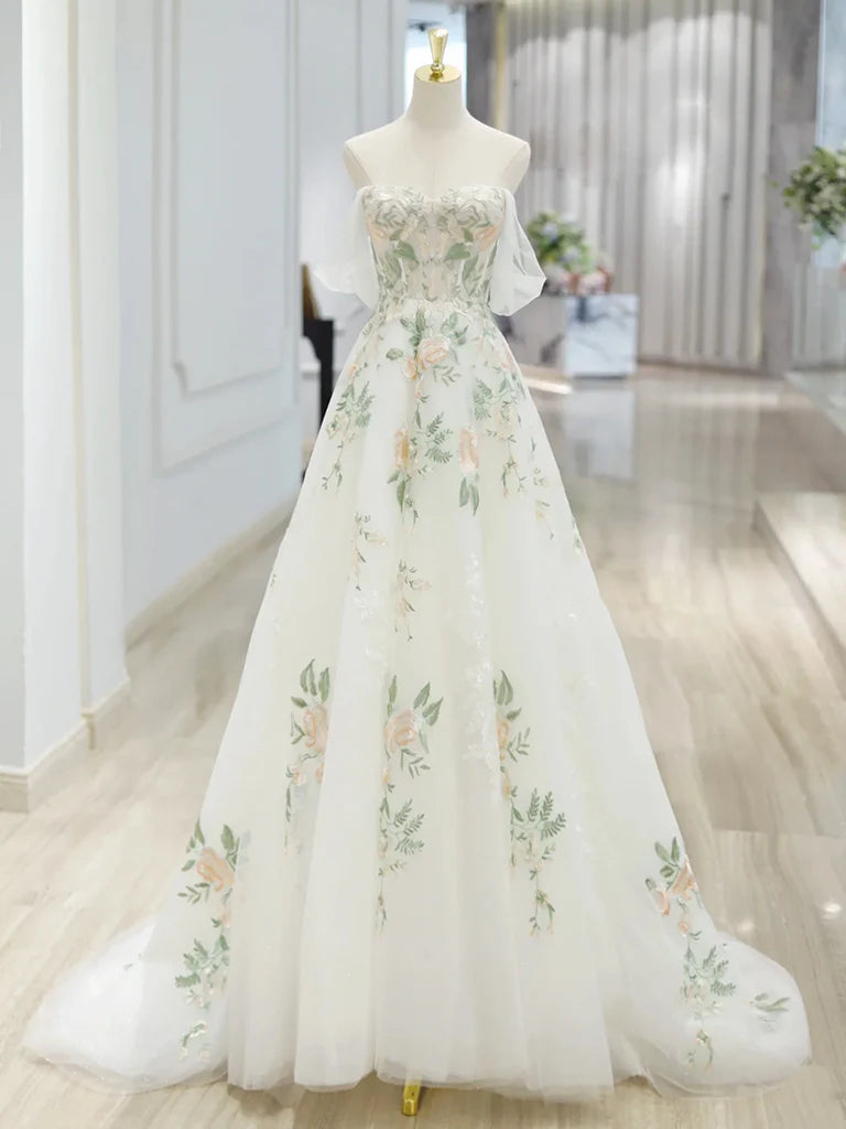 A-Line Off Shoulder Tulle Lace Applique White Long Prom Dress, White Long Formal Dress Main image