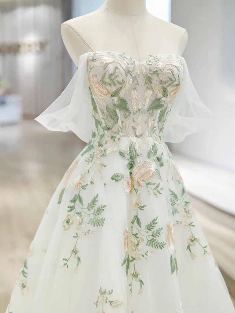 A-Line Off Shoulder Tulle Lace Applique White Long Prom Dress, White Long Formal Dress Secondary image