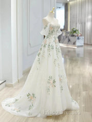 A-Line Off Shoulder Tulle Lace Applique White Long Formal Prom Dress, White Long Formal Dress