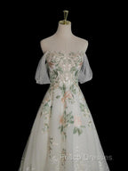 A-Line Off Shoulder Tulle Lace Applique White Long Formal Prom Dress, White Long Formal Dress