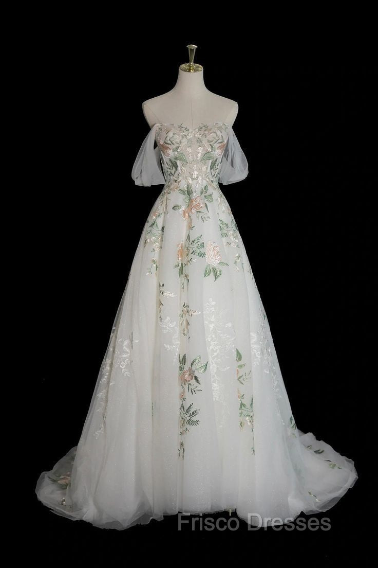 A-Line Off Shoulder Tulle Lace Applique White Long Formal Prom Dress, White Long Formal Dress