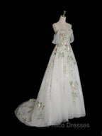 A-Line Off Shoulder Tulle Lace Applique White Long Formal Prom Dress, White Long Formal Dress