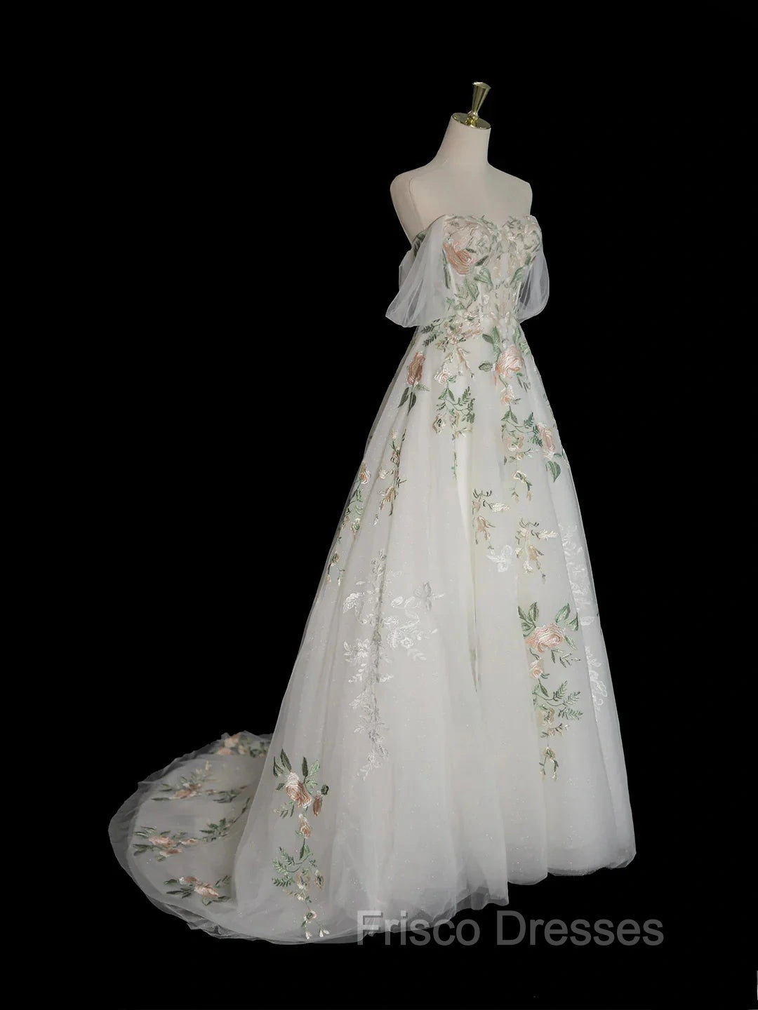 A-Line Off Shoulder Tulle Lace Applique White Long Formal Prom Dress, White Long Formal Dress