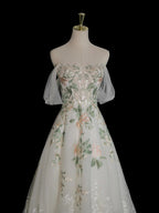 A-Line Off Shoulder Tulle Lace Applique White Long Prom Dress, White Long Formal Dress