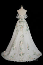 A-Line Off Shoulder Tulle Lace Applique White Long Formal Prom Dress, White Long Formal Dress