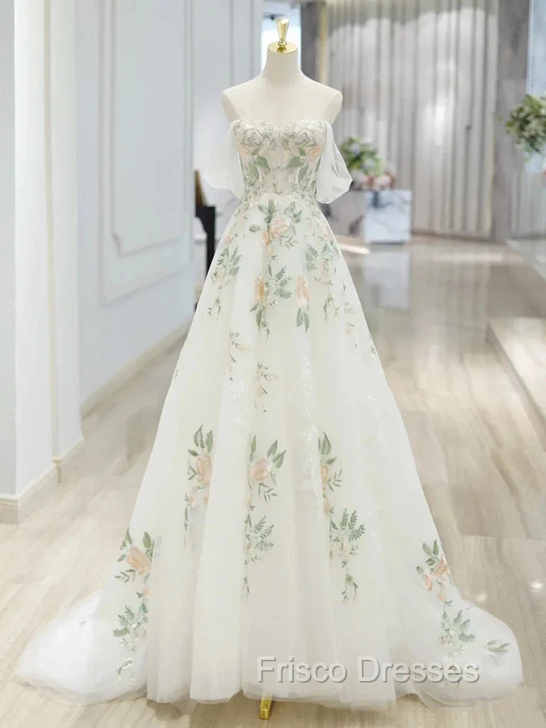 A-Line Off Shoulder Tulle Lace Applique White Long Formal Prom Dress, White Long Formal Dress