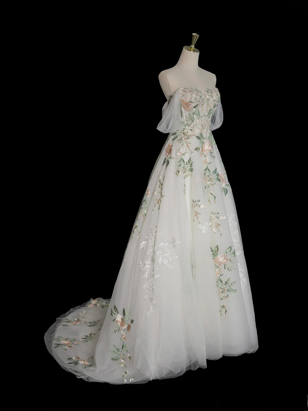 A-Line Off Shoulder Tulle Lace Applique White Long Prom Dress, White Long Formal Dress