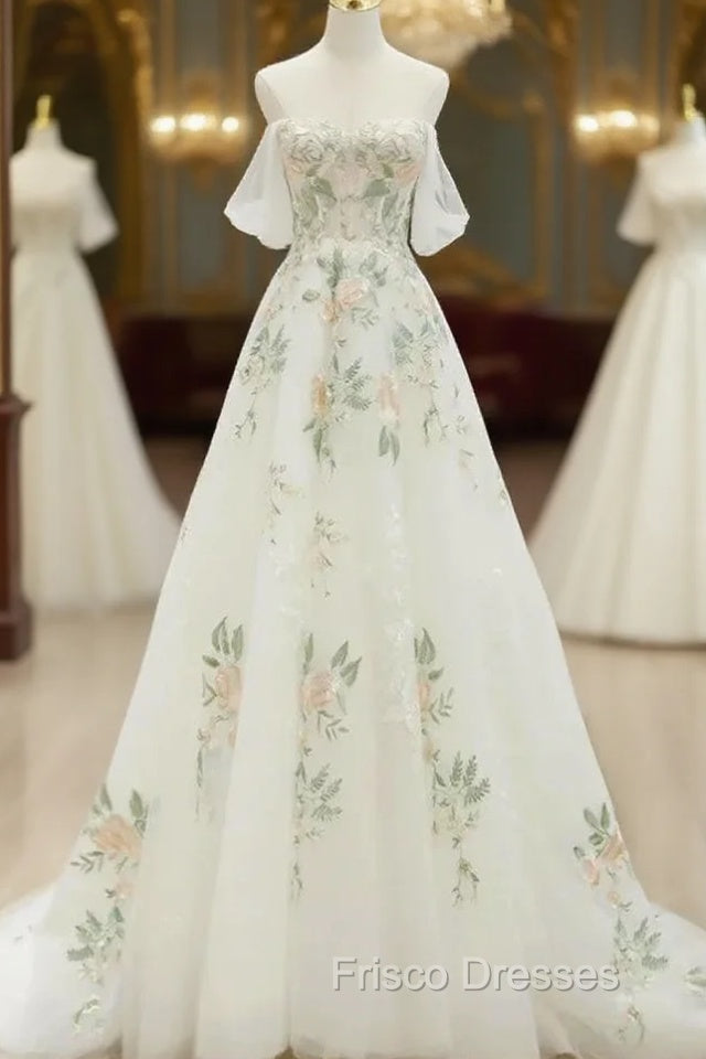 A-Line Off Shoulder Tulle Lace Applique White Long Formal Prom Dress, White Long Formal Dress Main image