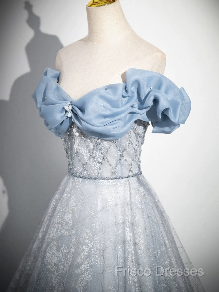 A-Line Off Shoulder Tulle Lace Beads Blue Long Formal Prom Dress, Blue Long Formal Dress Secondary image