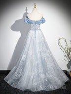 A-Line Off Shoulder Tulle Lace Beads Blue Long Formal Prom Dress, Blue Long Formal Dress