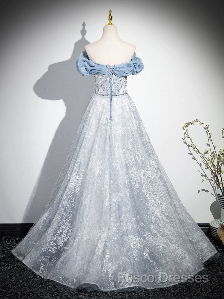 A-Line Off Shoulder Tulle Lace Beads Blue Long Formal Prom Dress, Blue Long Formal Dress