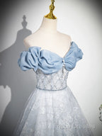 A-Line Off Shoulder Tulle Lace Beads Blue Long Formal Prom Dress, Blue Long Formal Dress