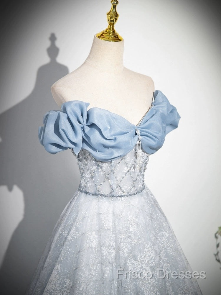 A-Line Off Shoulder Tulle Lace Beads Blue Long Formal Prom Dress, Blue Long Formal Dress