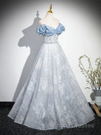 A-Line Off Shoulder Tulle Lace Beads Blue Long Formal Prom Dress, Blue Long Formal Dress