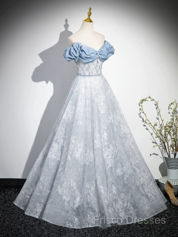 A-Line Off Shoulder Tulle Lace Beads Blue Long Formal Prom Dress, Blue Long Formal Dress