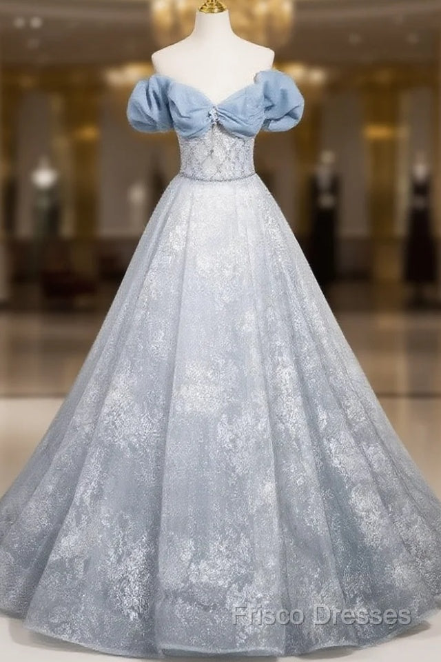 A-Line Off Shoulder Tulle Lace Beads Blue Long Formal Prom Dress, Blue Long Formal Dress