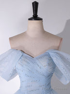 A-Line Off Shoulder Tulle Lace Blue Long Prom Dress, Blue Long Formal Dress