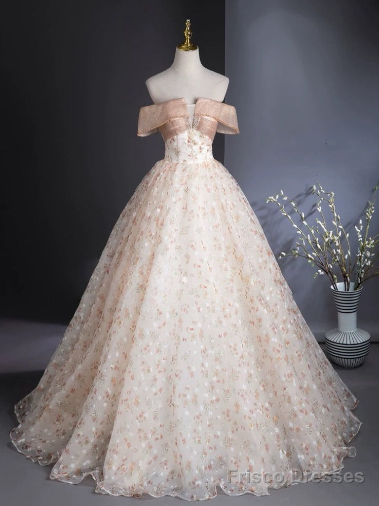 A-Line Off Shoulder Tulle Lace Champagne Long Prom Dress Secondary image