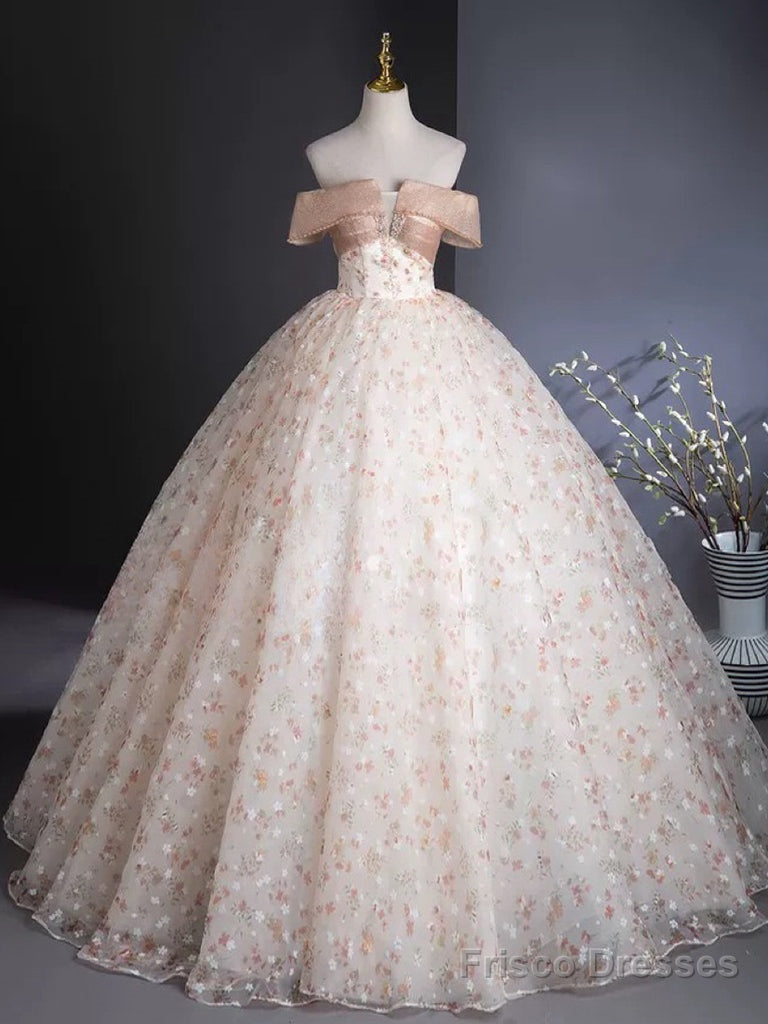 A-Line Off Shoulder Tulle Lace Champagne Long Prom Dress Main image