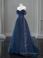 A-Line Off Shoulder Tulle Lace Dark Blue Long Formal Prom Dress