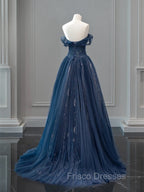 A-Line Off Shoulder Tulle Lace Dark Blue Long Formal Prom Dress