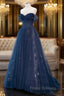 A-Line Off Shoulder Tulle Lace Dark Blue Long Formal Prom Dress