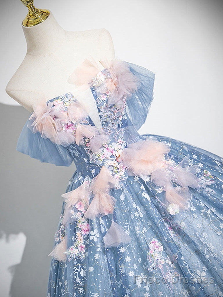 A-Line Off Shoulder Tulle Lace Gray Blue Long Prom Dress, Gray Blue Formal Dress Secondary image