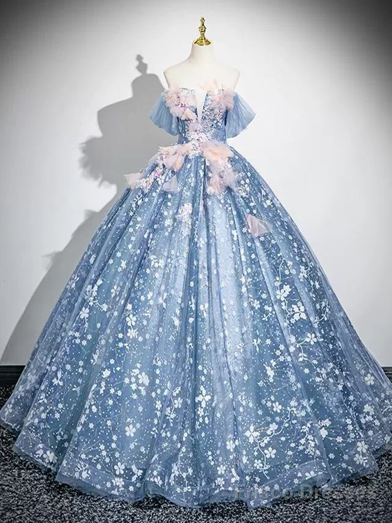 A-Line Off Shoulder Tulle Lace Gray Blue Long Prom Dress, Gray Blue Formal Dress Main image