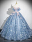 A-Line Off Shoulder Tulle Lace Gray Blue Long Prom Dress, Gray Blue Formal Dress
