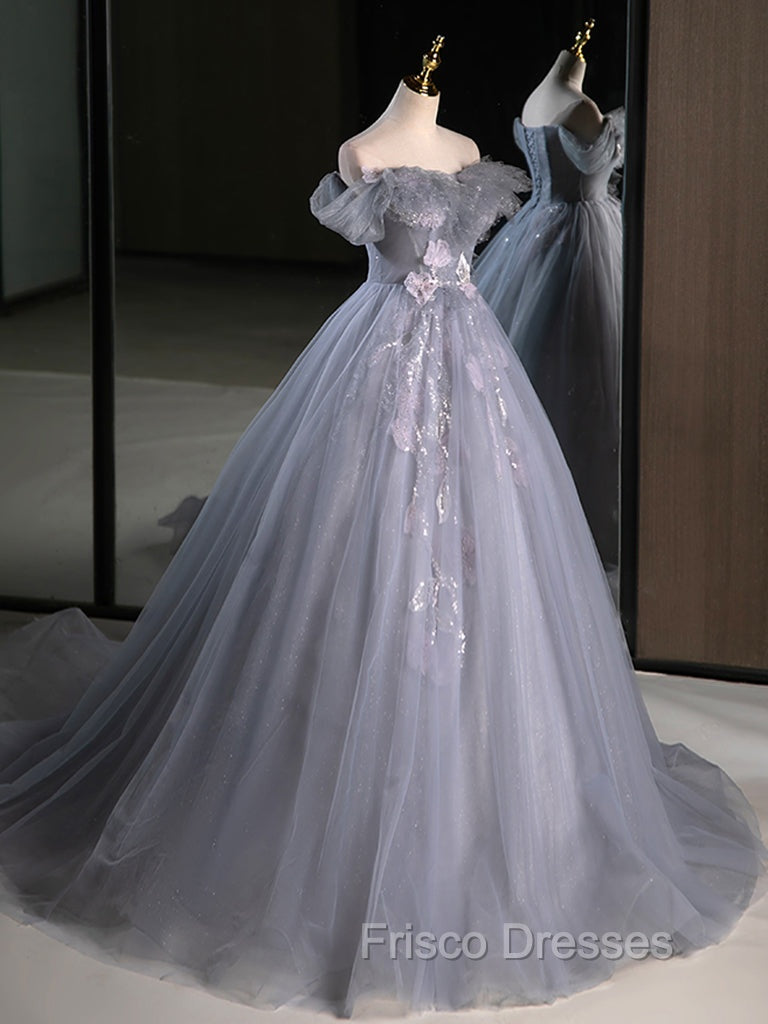 A-Line Off Shoulder Tulle Lace Gray Blue Long Formal Prom Dress, Gray Blue Long Formal Dress Secondary image