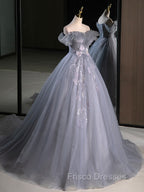 A-Line Off Shoulder Tulle Lace Gray Blue Long Formal Prom Dress, Gray Blue Long Formal Dress