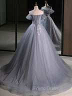 A-Line Off Shoulder Tulle Lace Gray Blue Long Formal Prom Dress, Gray Blue Long Formal Dress