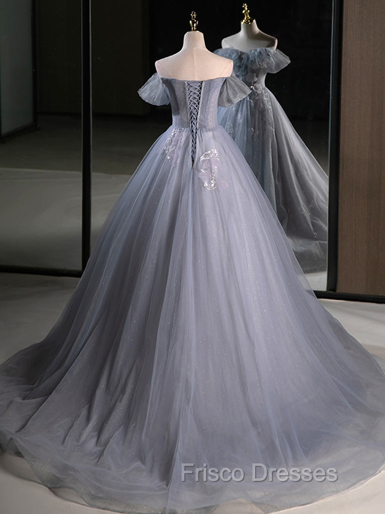 A-Line Off Shoulder Tulle Lace Gray Blue Long Formal Prom Dress, Gray Blue Long Formal Dress