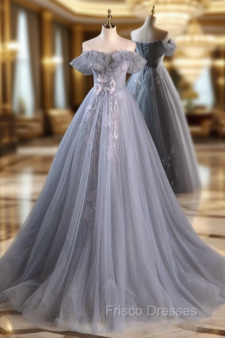 A-Line Off Shoulder Tulle Lace Gray Blue Long Formal Prom Dress, Gray Blue Long Formal Dress Main image