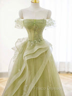A-Line Off Shoulder Tulle Lace Green Long Formal Prom Dress, Green Long Graduation Dress
