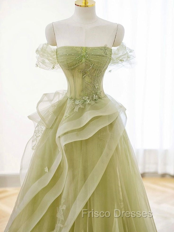 A-Line Off Shoulder Tulle Lace Green Long Formal Prom Dress, Green Long Graduation Dress