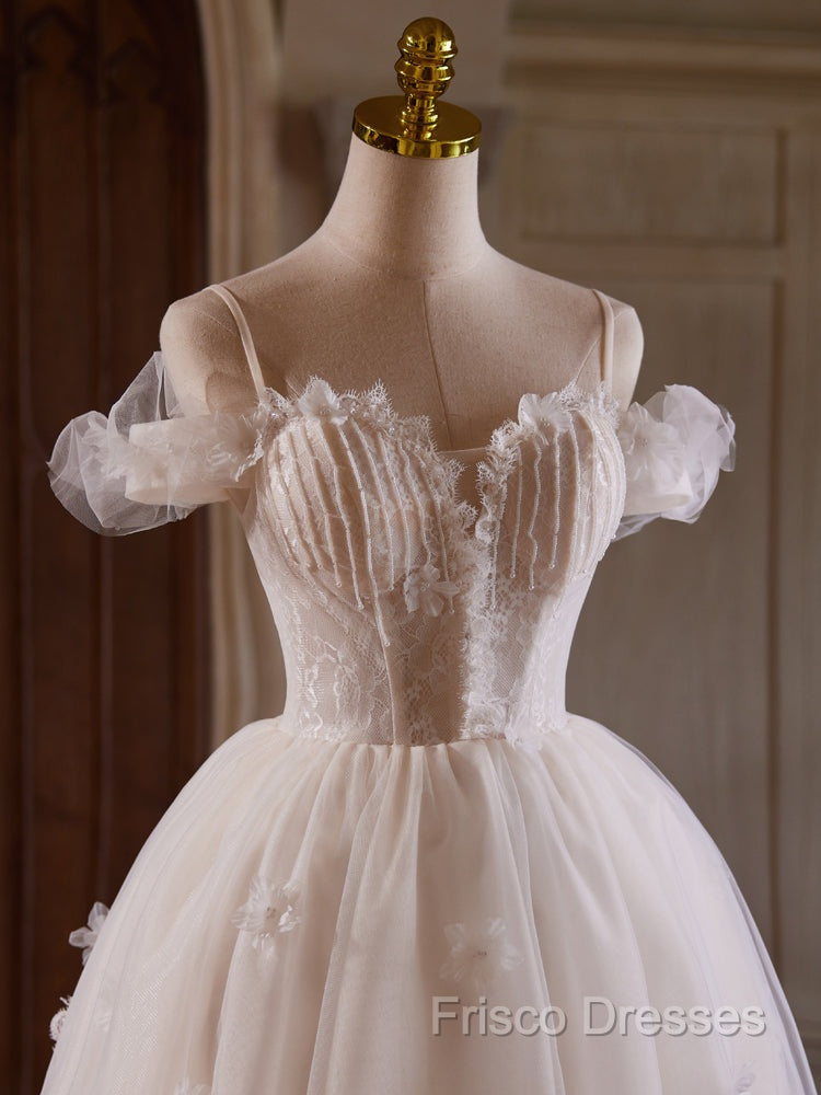 A-Line Off Shoulder Tulle Lace Light Champagne Short Formal Prom Dress