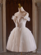 A-Line Off Shoulder Tulle Lace Light Champagne Short Formal Prom Dress