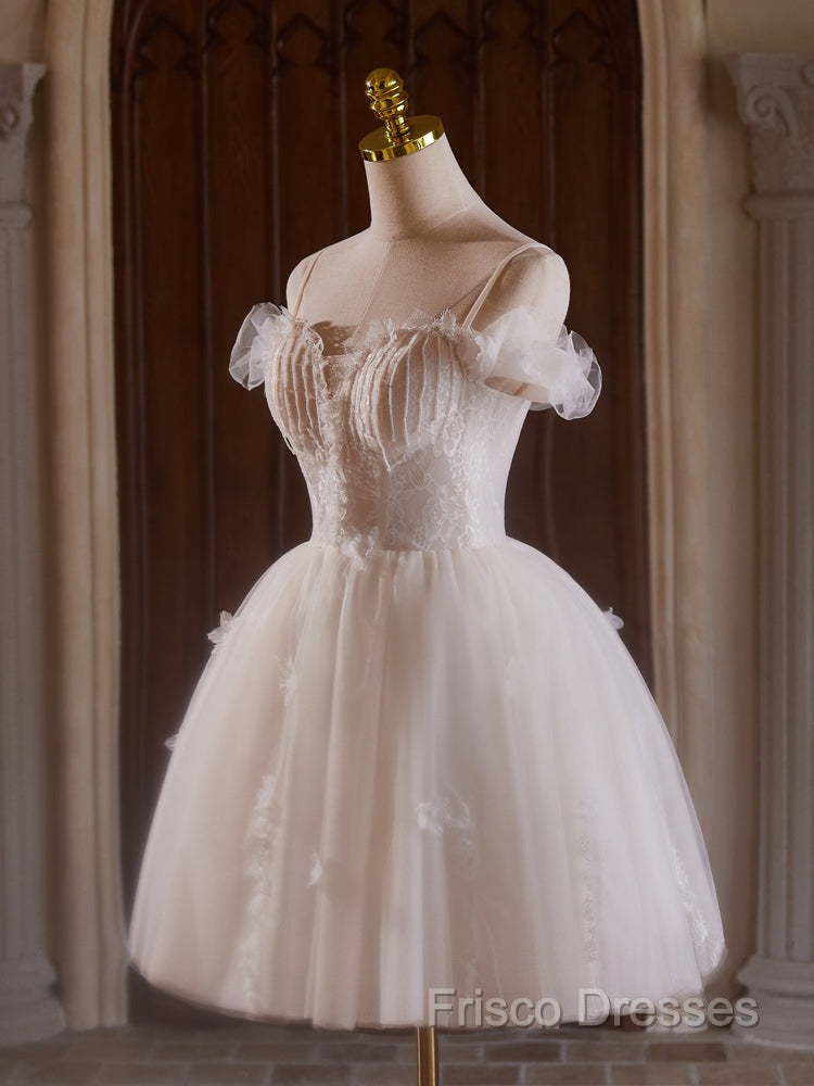 A-Line Off Shoulder Tulle Lace Light Champagne Short Formal Prom Dress