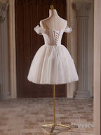 A-Line Off Shoulder Tulle Lace Light Champagne Short Formal Prom Dress