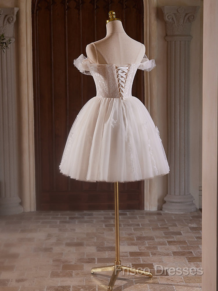 A-Line Off Shoulder Tulle Lace Light Champagne Short Formal Prom Dress