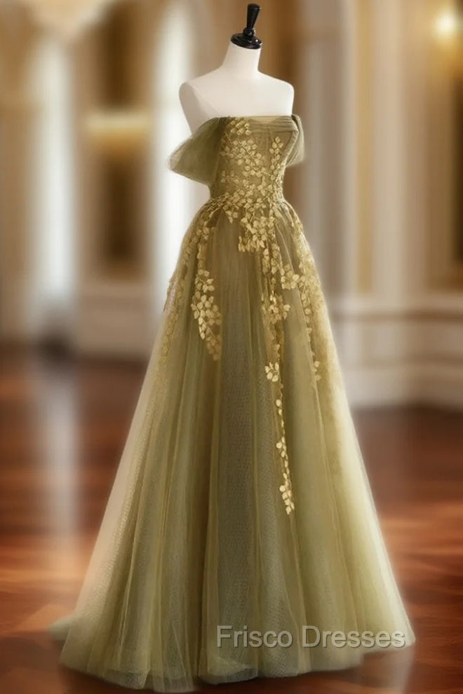 A-Line Off Shoulder Tulle Lace Long Formal Prom Dress, Green Tulle Formal Evening Dress Main image