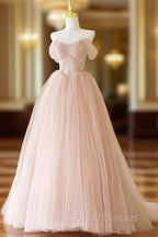 A-Line Off Shoulder Tulle Lace Pink Long Formal Prom Dress, Pink Long Formal Dress