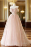 A-Line Off Shoulder Tulle Lace Pink Long Formal Prom Dress, Pink Long Formal Dress