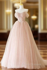 A-Line Off Shoulder Tulle Lace Pink Long Formal Prom Dress, Pink Long Formal Dress