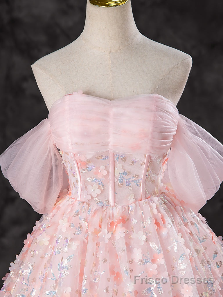 A-Line Off Shoulder Tulle Lace Pink Long Prom Dress, Pink Sweet 16 Dress Secondary image